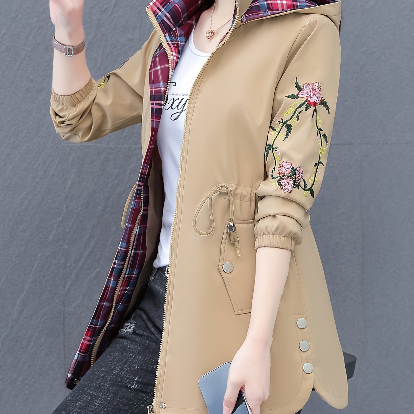 Women's Floral Hooded Jacket with Glossy Finish for Spring Fall Casual Weekend Wear