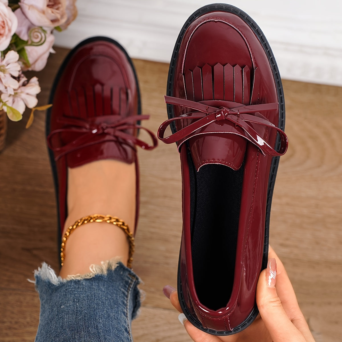 Women's Leather Tassel Loafers with Chunky Heel and Bowknot