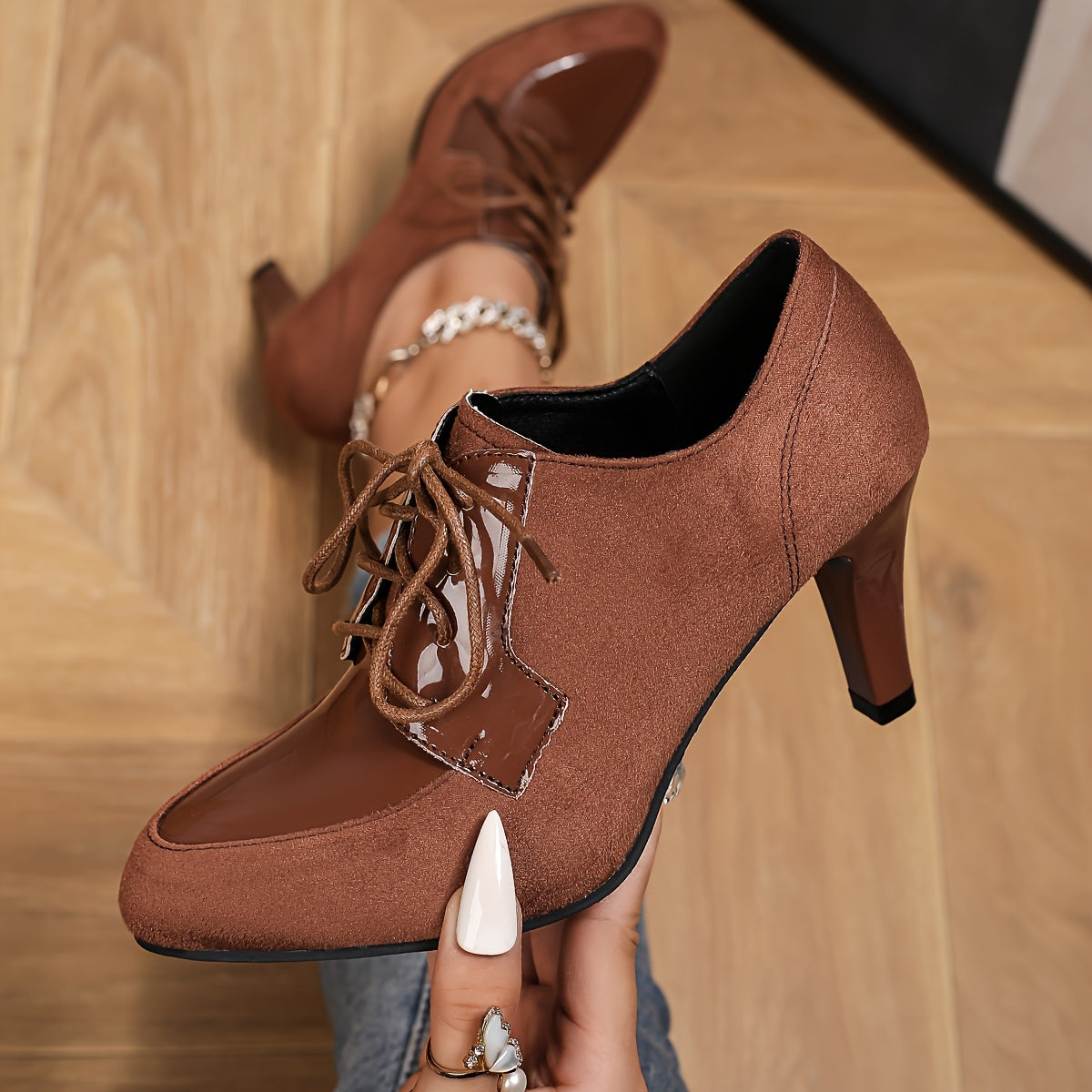 Women's Pointed-Toe High Heel Ankle Boots Synthetic Lace-Up Chunky Heel Non-Slip Rope Sole