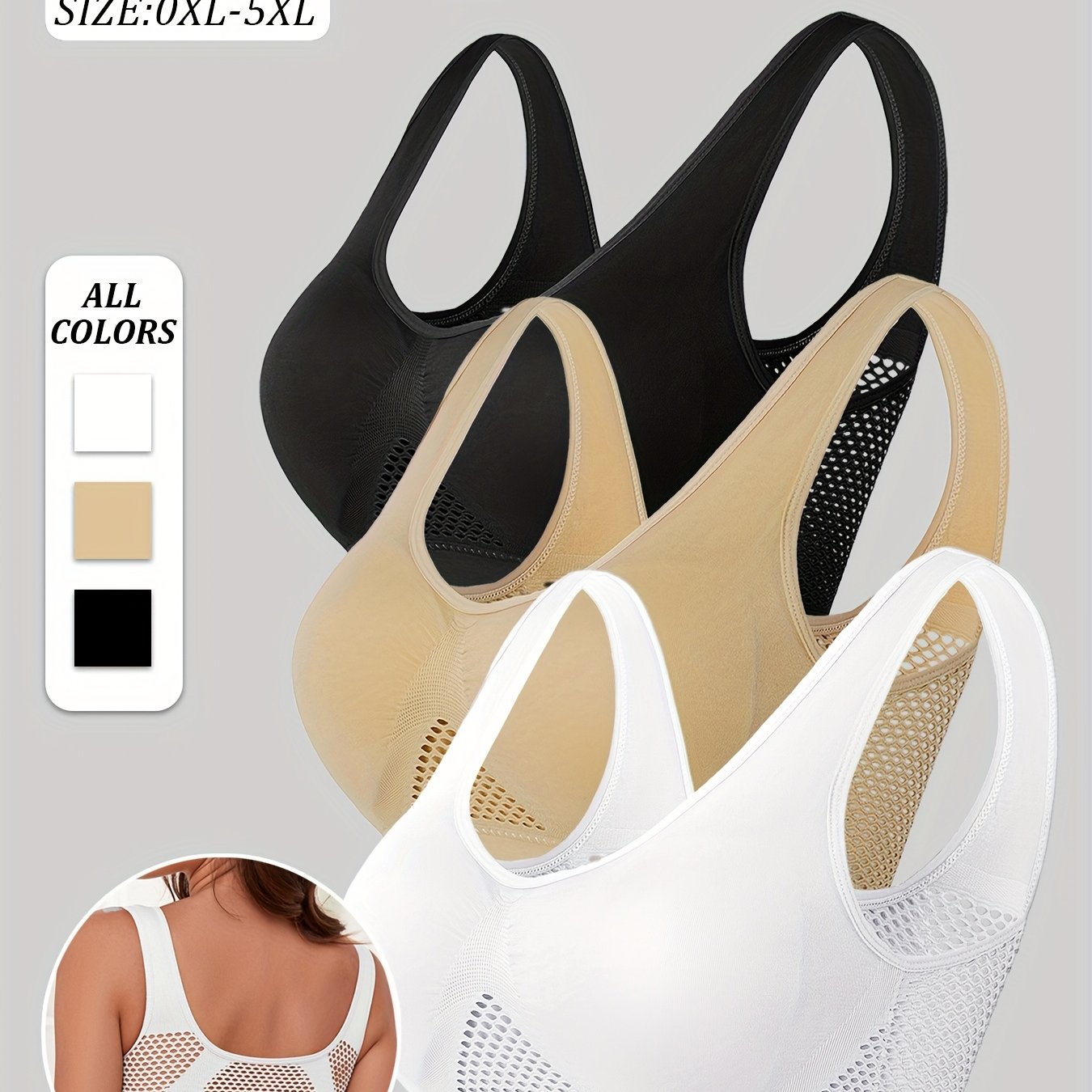 Women’s Sports Bras 3 Pack V-Neck Removable Padding Breathable Mesh