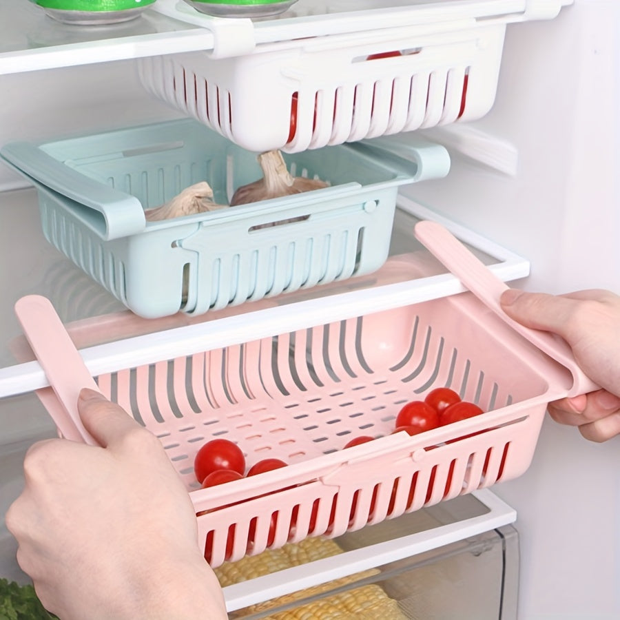 Moslashuvchan muzlatgich saqlash savati, oziq-ovqat uchun xavfsiz plastmassa, yangi mahsulotlar va muzlatgich uchun joyni tejovchi slayder dizayni, yengil ko'k, pushti, oq ranglarda