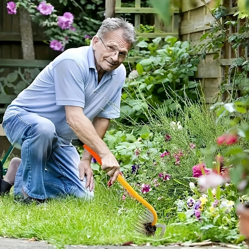 Rastrillo de maleza de acero al manganeso duradero con mango ergonómico amarillo y naranja para jardinería