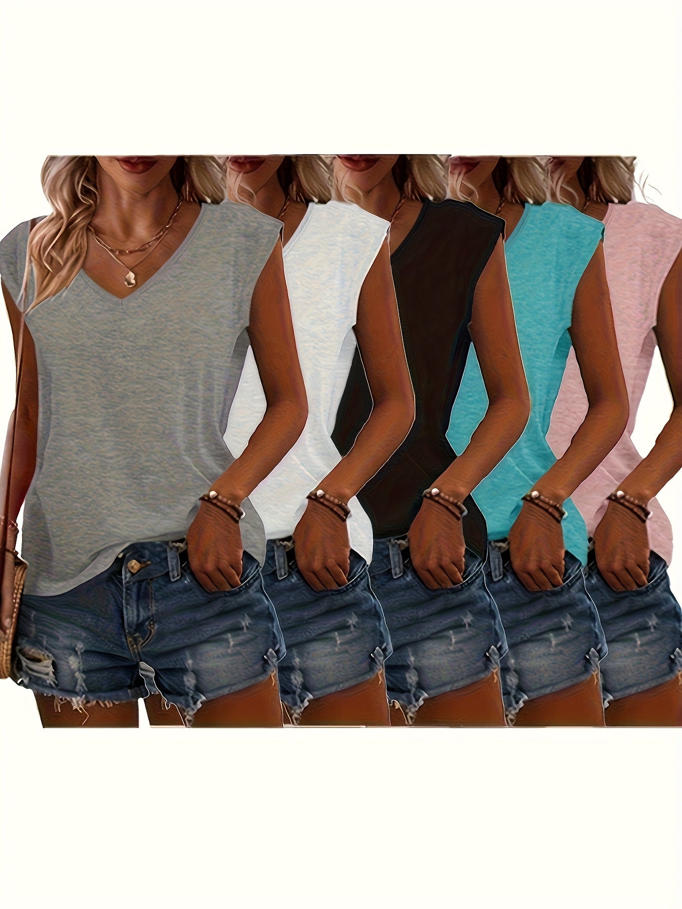 Women Solid Color V-Neck T-Shirts Short Sleeve Casual Spring Summer