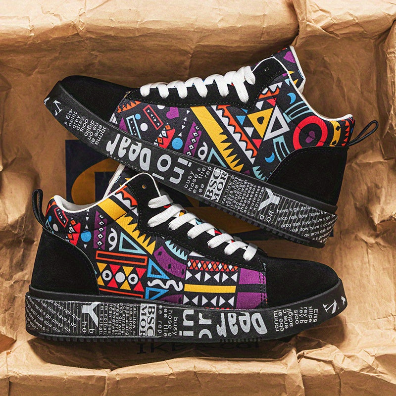 Men's High-Top Fabric Casual Sneakers Slip-Resistant Plaid Lace Shoes