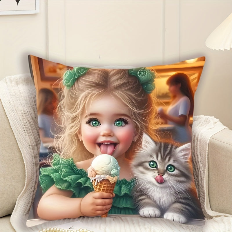 Girl and Kitten Print Plush Pillowcase 44.96cm Decorative Pillow for Home Decor