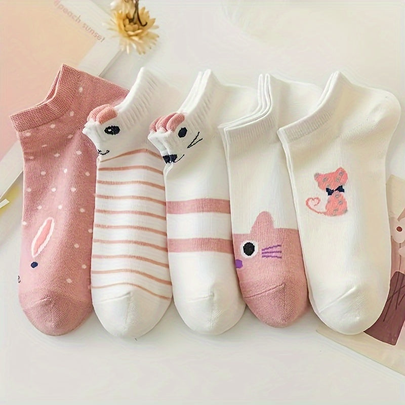Women’s Ankle Socks 5 Pairs Cartoon Cat Print Soft Comfortable Knit Fabric