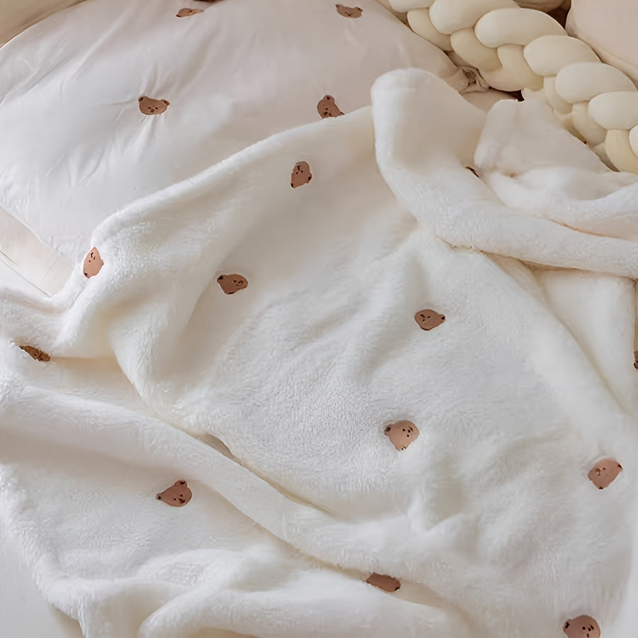 White Soft Polyester Baby Blanket with Embroidered Bear Design