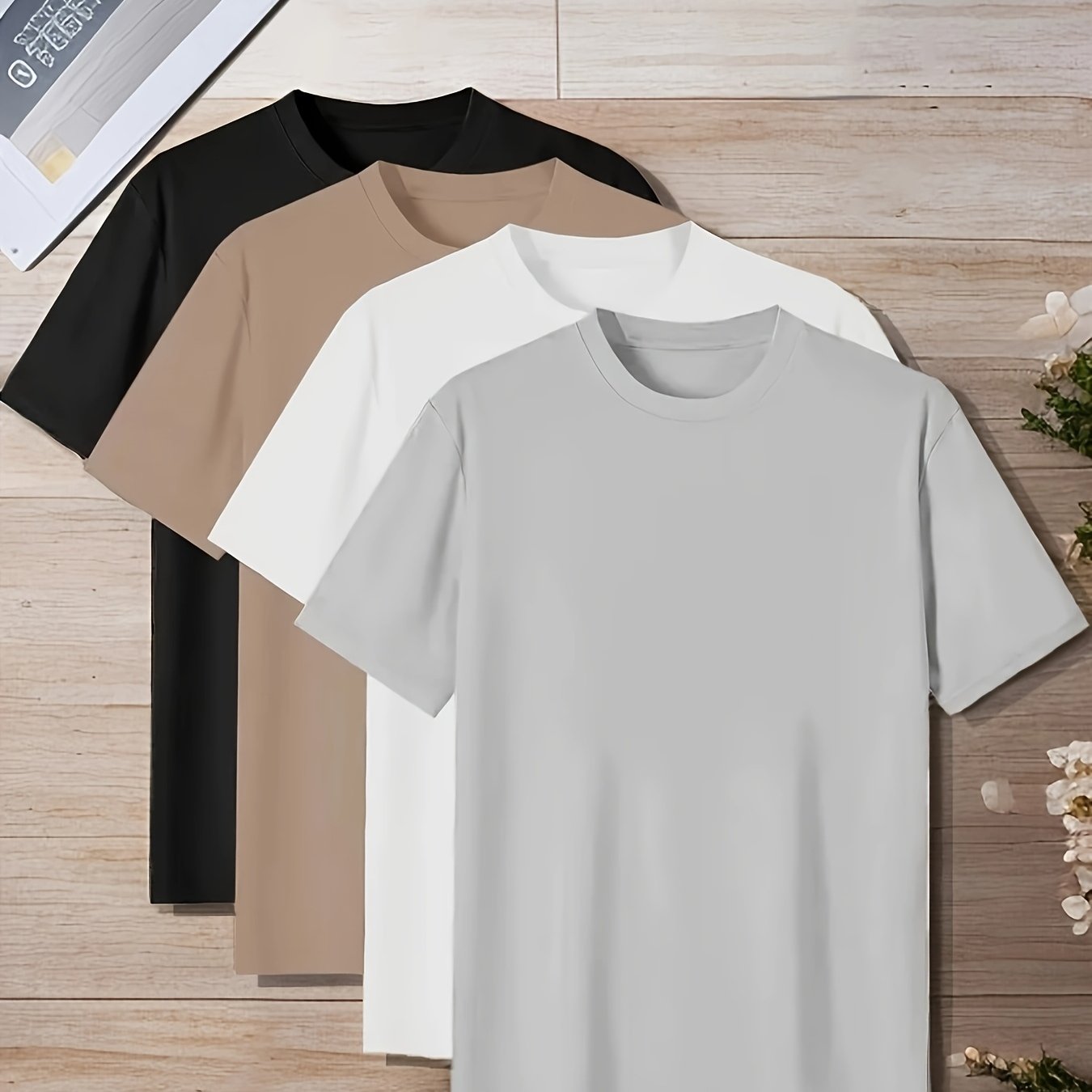Set of 4 Men's Solid Color Short Sleeve T-Shirts Polyester Crew Neck Casual Tops