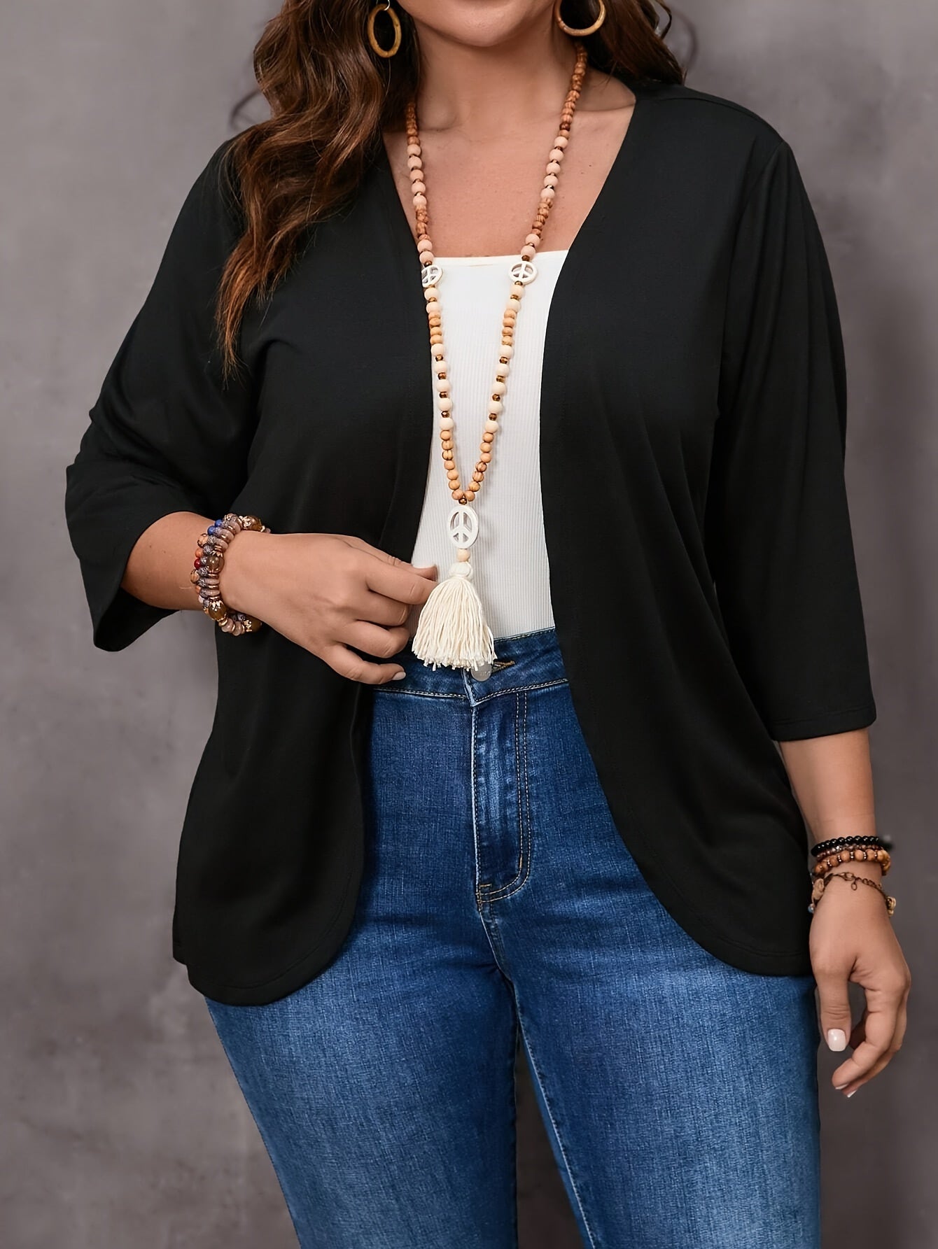 Women's Plus Size Open Front Top With 3/4 Sleeves For Spring Fall