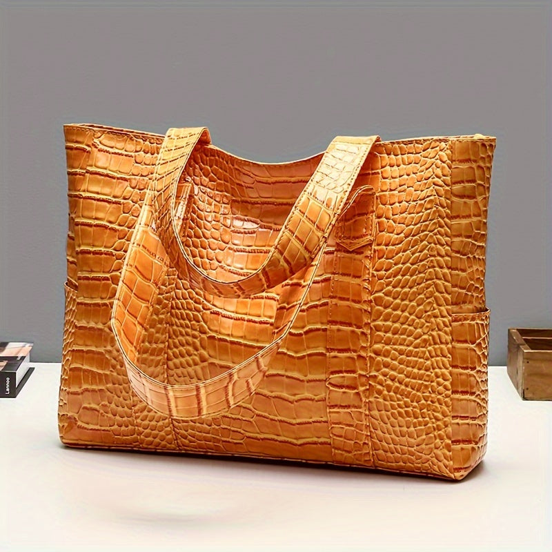 Blue Crocodile-Embossed PU Tote Bag with Zipper Closure for Women