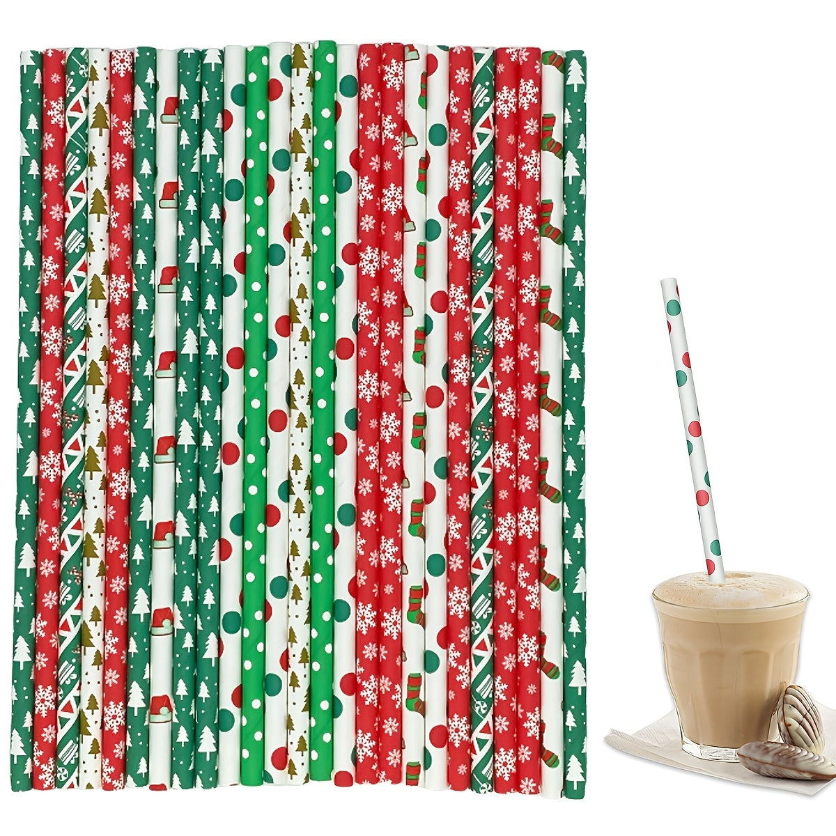 Set of 25 Christmas Holiday Pattern Disposable Paper Straws for Parties and Celebrations