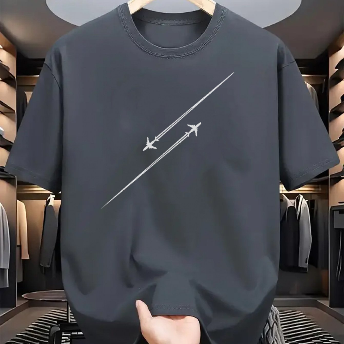 Мужская хлопковая футболка с графикой самолета, круглый вырез, короткий рукав, однотонный цвет, для всех сезонов, повседневная