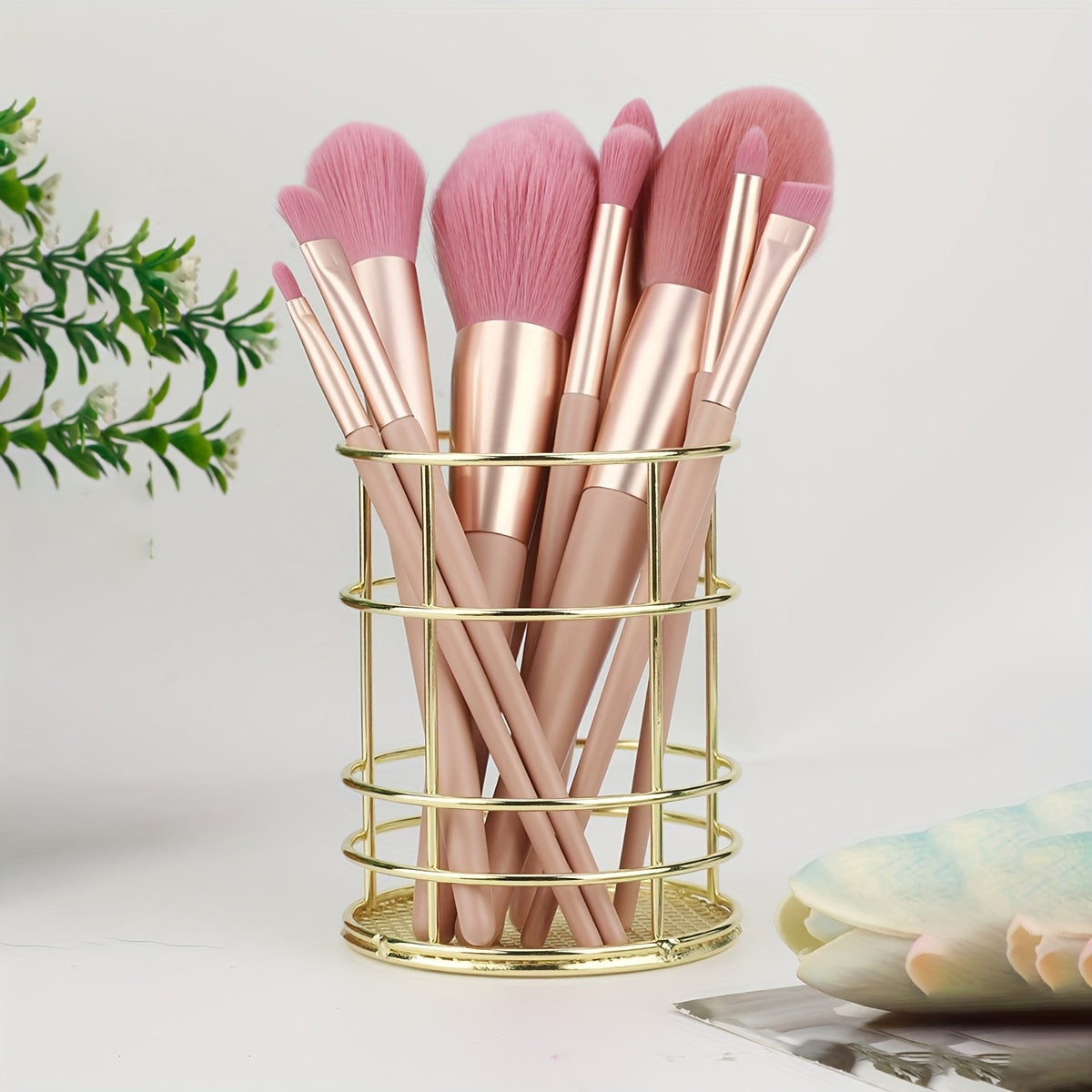 Golden Iron Makeup Brush Holder Rust Resistant Polished Finish Desktop Organizer