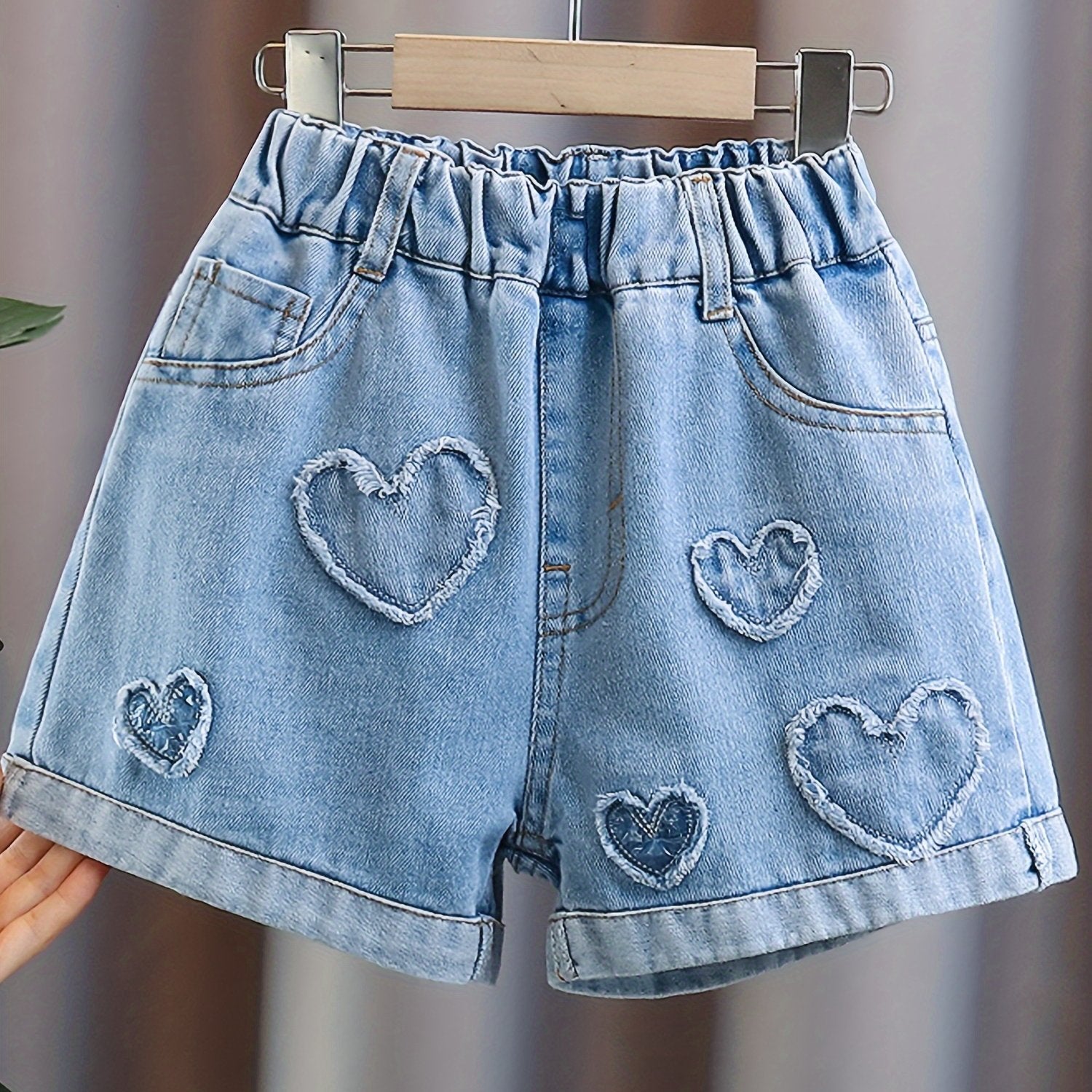 Girls' Denim Shorts with Heart Patches and Elastic Waist for Girls 12 and Under