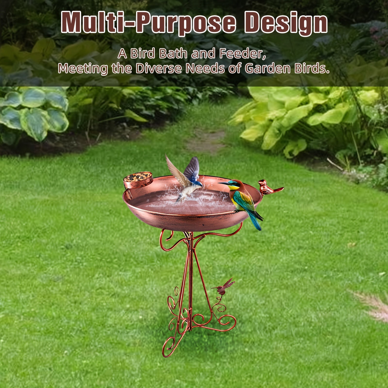 Vintage qush vannasi stendi, 12 dyuymli metall idish va tashqi foydalanish uchun ajratiladigan egiluvchan temir asos bilan qushlarni oziqlantirish stansiyasi sifatida.