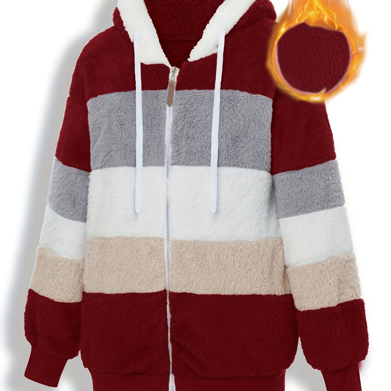 Женское пальто большого размера в полоску с пушистым капюшоном для осени и зимы, повседневное и теплое с молнией.