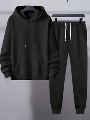 Men's Polyester Sweatsuit Set Hooded Sweatshirt and Joggers with Pockets Solid Color Regular Fit for Spring Fall
