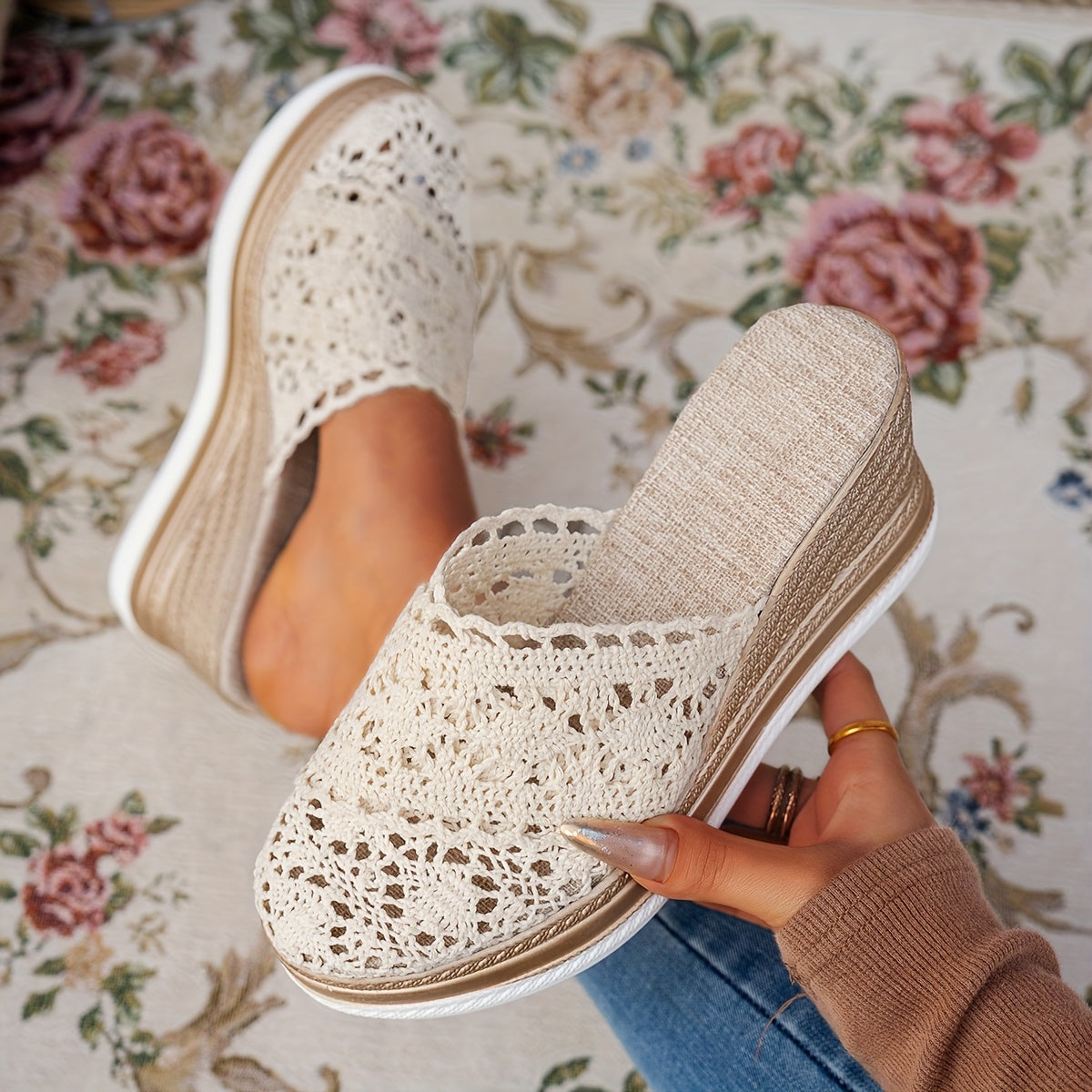 Women's Bohemian Slip-On Sandals with Cushioned PU Sole and Lace Cutouts