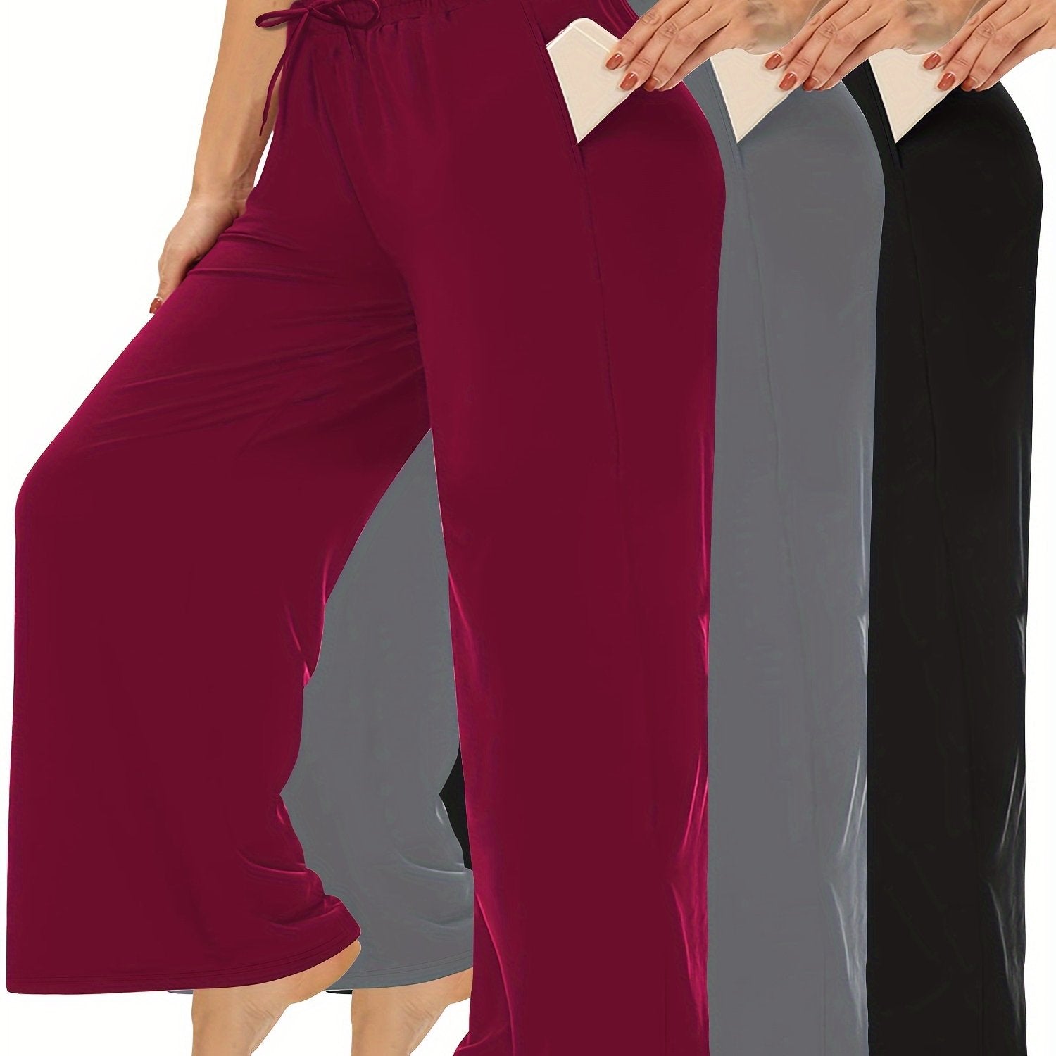 Plus Size Wide Leg Pants Elastic Waistband Drawstring Pockets Cropped Casual