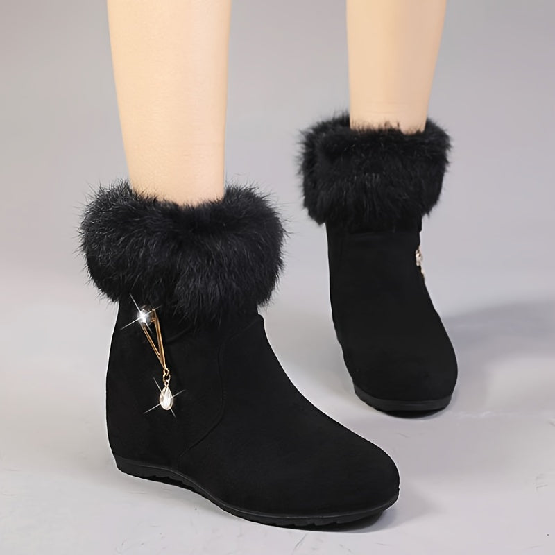 Women's Wool Winter Snow Boots Fleece-Lined Mid-Calf with Rhinestones