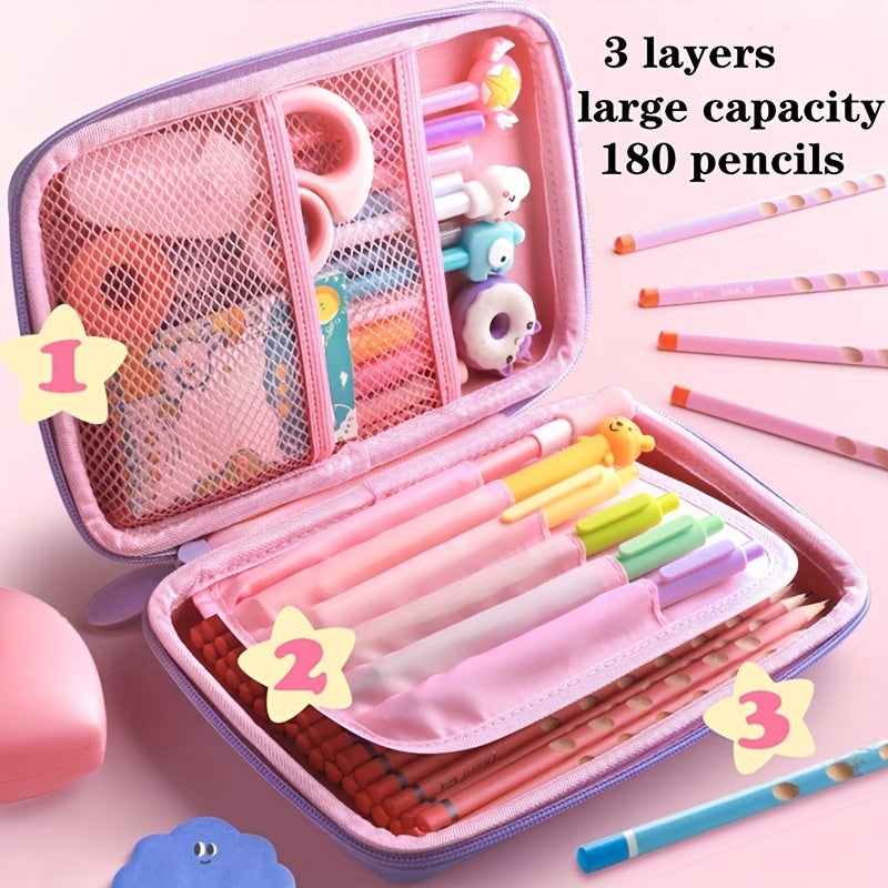 Cute Cartoon 3D Pencil Case Waterproof Large Capacity Multi-Layer Stationery Organizer Pink