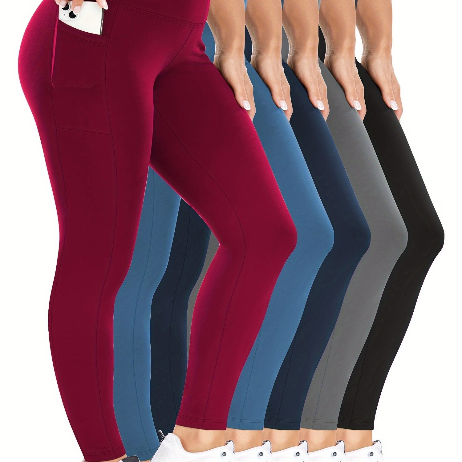 Women's High-Waisted Yoga Leggings 5-Pack with Pockets, Non-See-Through, Multi Colors