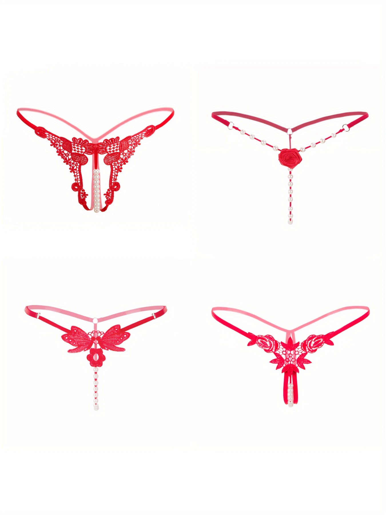 Women's Floral Embroidered Thongs with Faux Pearl Decoration Lingerie