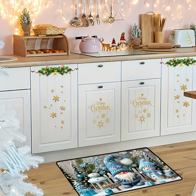 Alfombra de puerta de terciopelo de cristal con gnomo de Navidad azul para decoración de invierno en el hogar