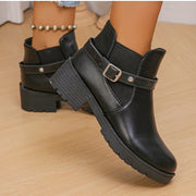 Women's Black Faux Leather Ankle Boots With Chunky Heel