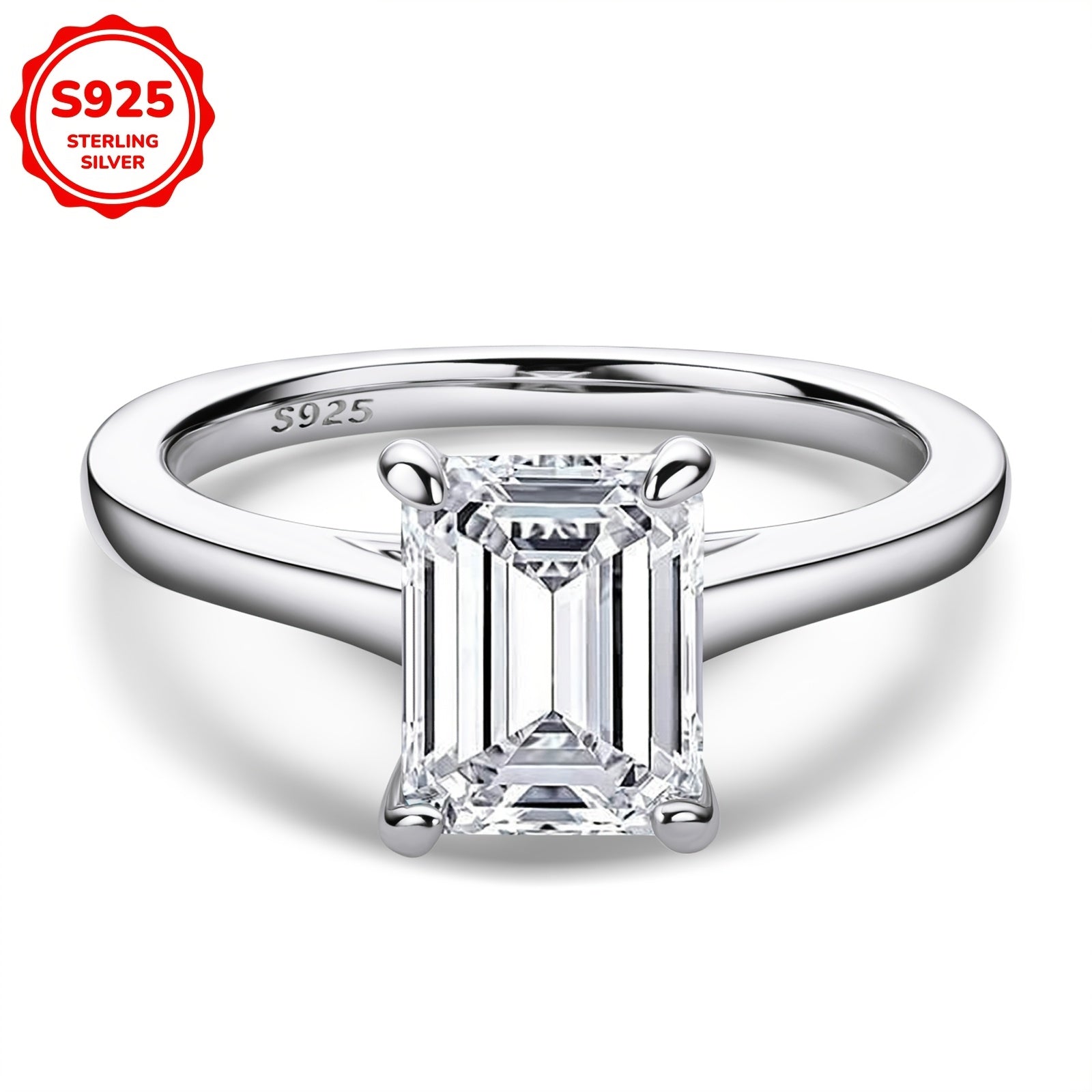 Sterling Silver Engagement Ring Cubic Zirconia Emerald Cut Wedding Jewelry