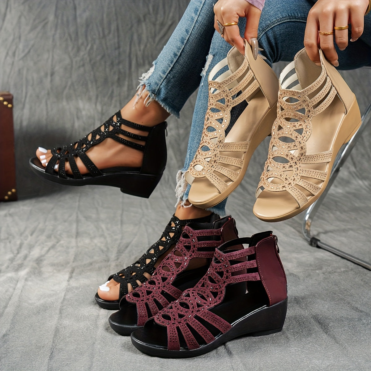 Women's Rhinestone Embellished Open-Toe Ankle Strap Sandals in Black or Beige