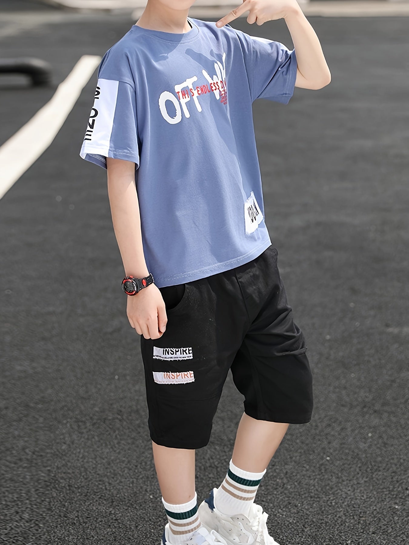 Yigitlar uchun paxta harf grafikasi T-shirt va shortlar to'plami, yoz uchun, 12 yosh va undan kichik bolalar