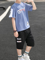 Yigitlar uchun paxta harf grafikasi T-shirt va shortlar to'plami, yoz uchun, 12 yosh va undan kichik bolalar