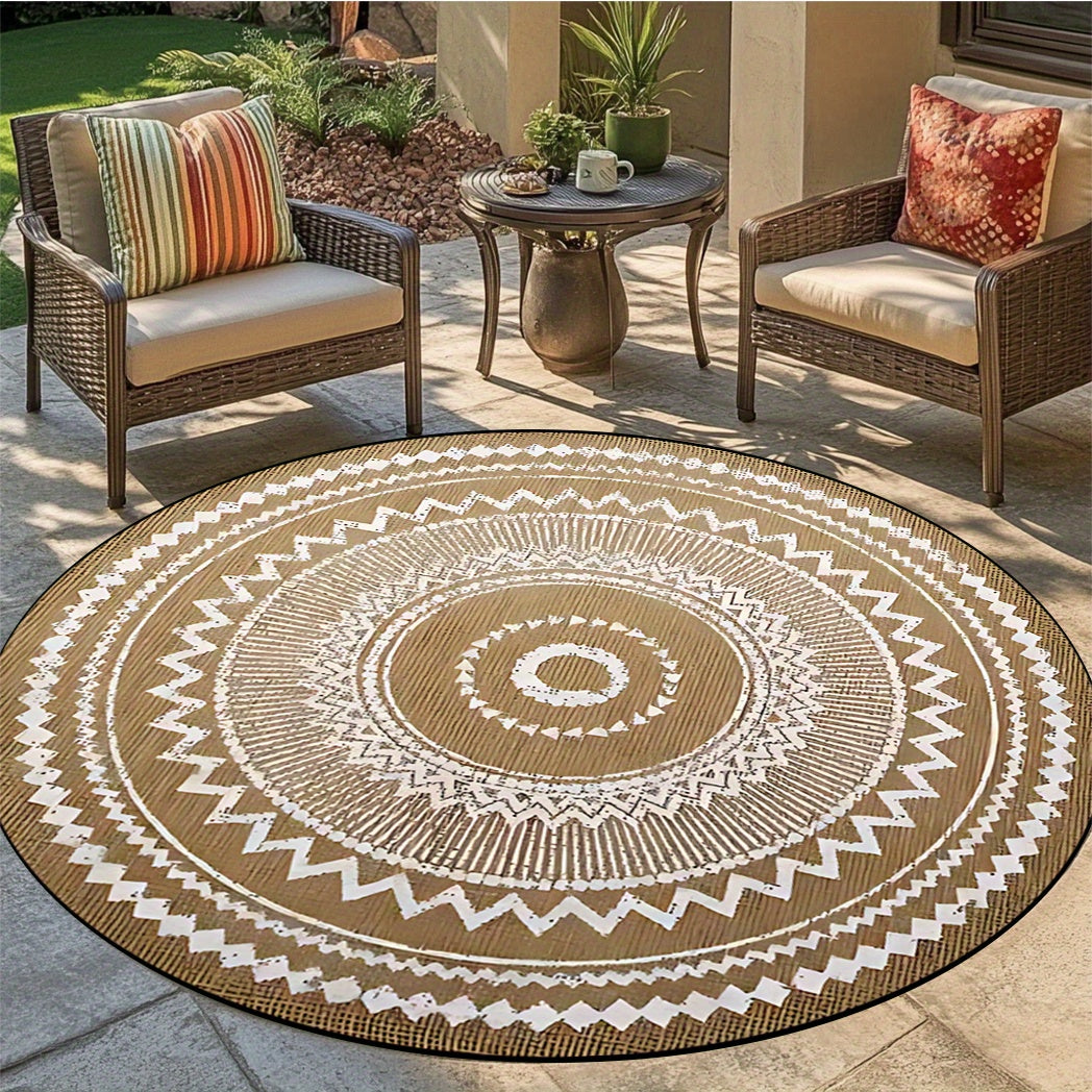 Bohemian Jute Round Area Rug with White Patterns Non-Slip Washable Large Indoor Outdoor Decor