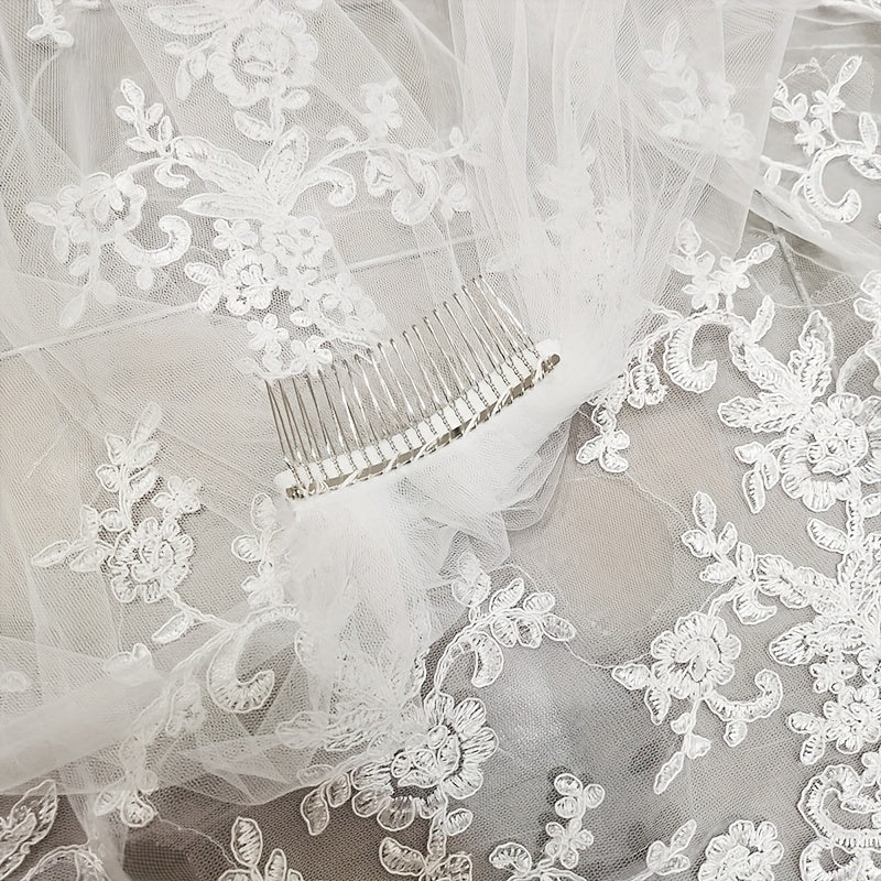 Bridal Veil 198cm Bir qatlamli toʻqilgan ip bilan taroq bilan oq yoki qora toʻy aksessuari