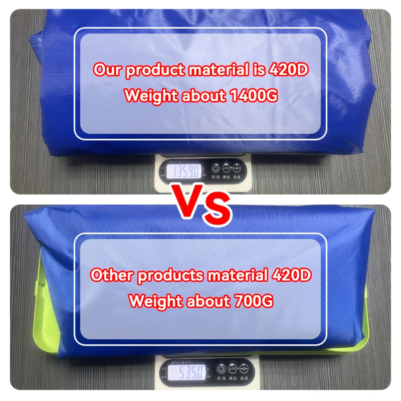 Yomg'irga chidamli ochiq maydon qopqog'i, ventilyatsiyali, UV-nuriga chidamli, elastik bog'ichlar bilan tayyorlangan mustahkam polyesterdan. Moviy rangda va 199.9 sm x 199.9 sm o'lchamda, har qanday ob-havoda himoya uchun.