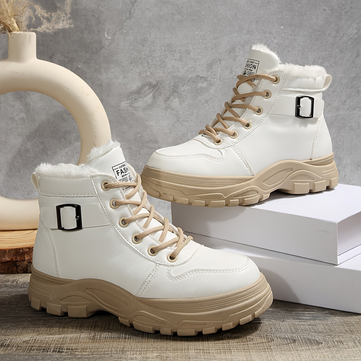 Women's Ankle Boots Solid Color Lace-Up Flat Heel Fleece Lined Winter