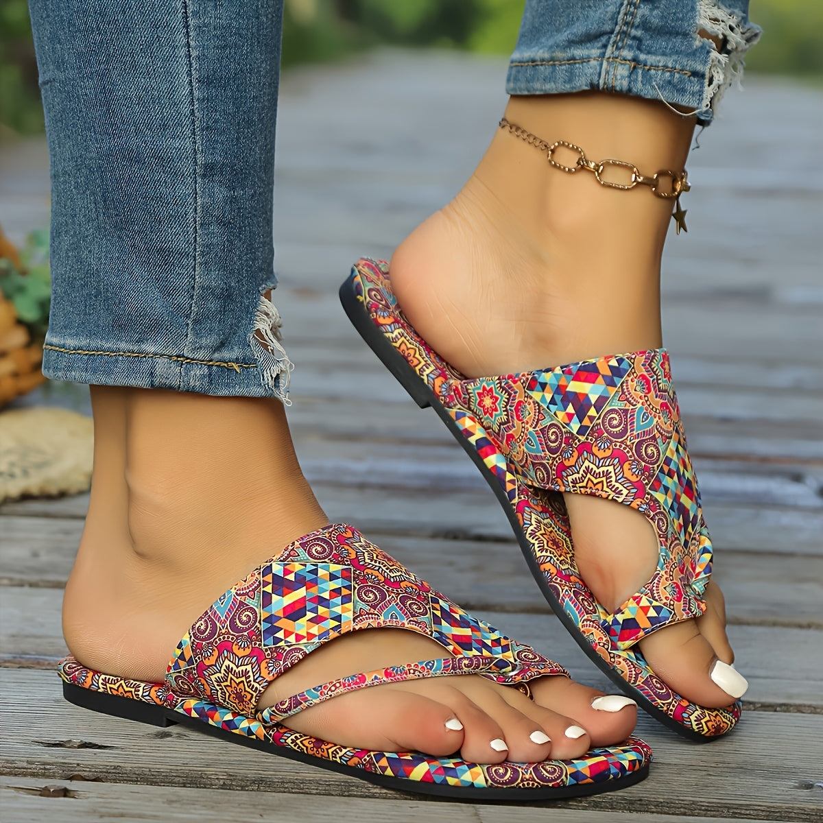 Women's Bohemian Floral Slide Sandals Open-Toe Flat with Adjustable Straps