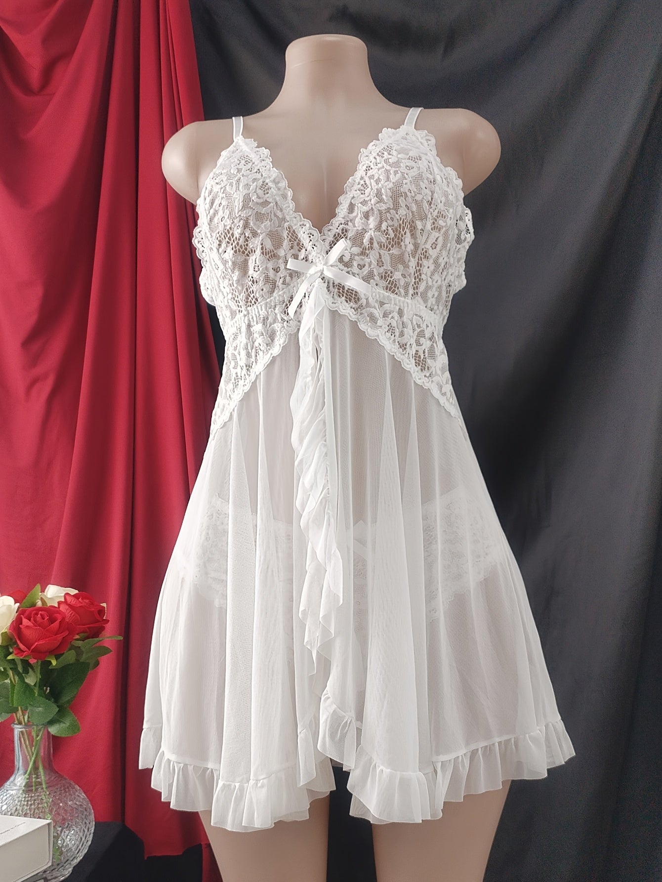 Red Lace Pajama Set for Women Strapless Top Ruffled Hem Romantic Nightwear