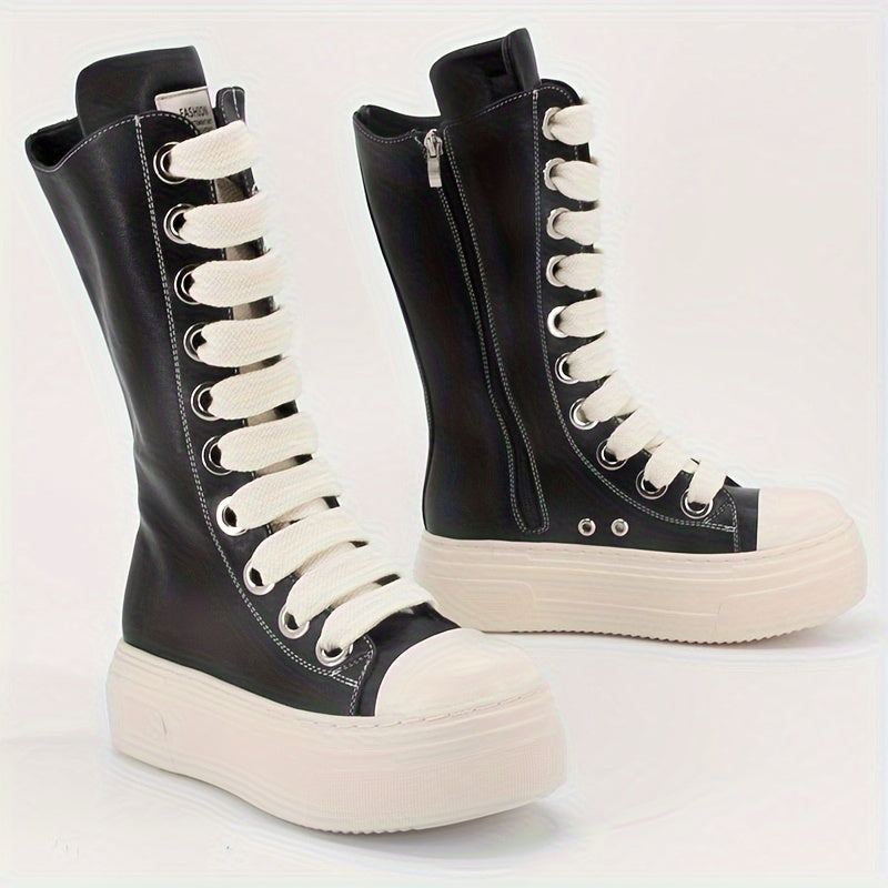 Women's Knee High Boots Solid Color Round Toe Platform Lace-Up Boots