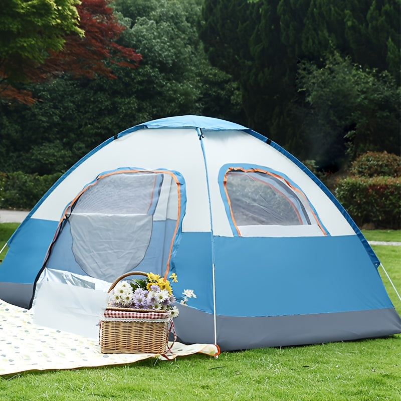 3-Person All-Season Pop-Up Camping Tent with Hydrophobic Polyester and Glass Fiber Frame Blue
