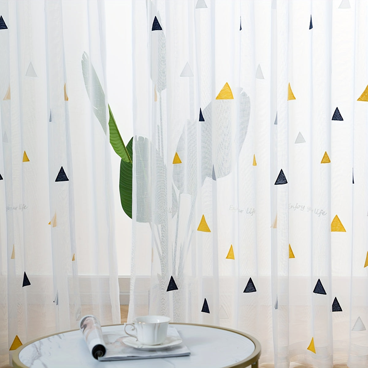 White Geometric Triangle Sheer Curtains for Girls Room Living Room Bedroom Polyester Embroidered Panel
