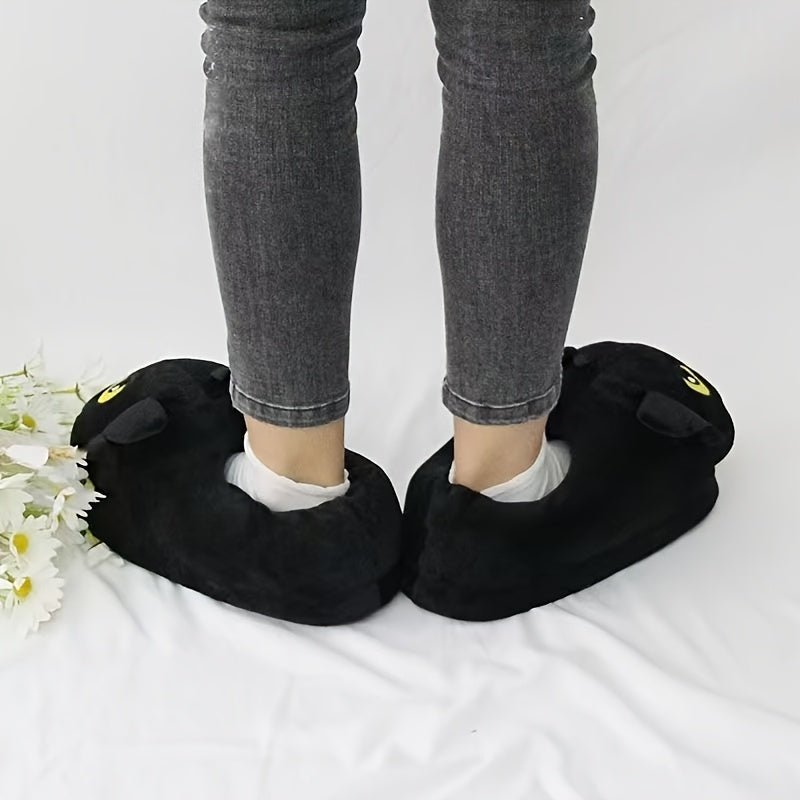 Ayollar uchun qulay qishki ichki poyabzal, yumshoq mato, uy ichidagi oyoq kiyimlari, qora mushuk dizayni