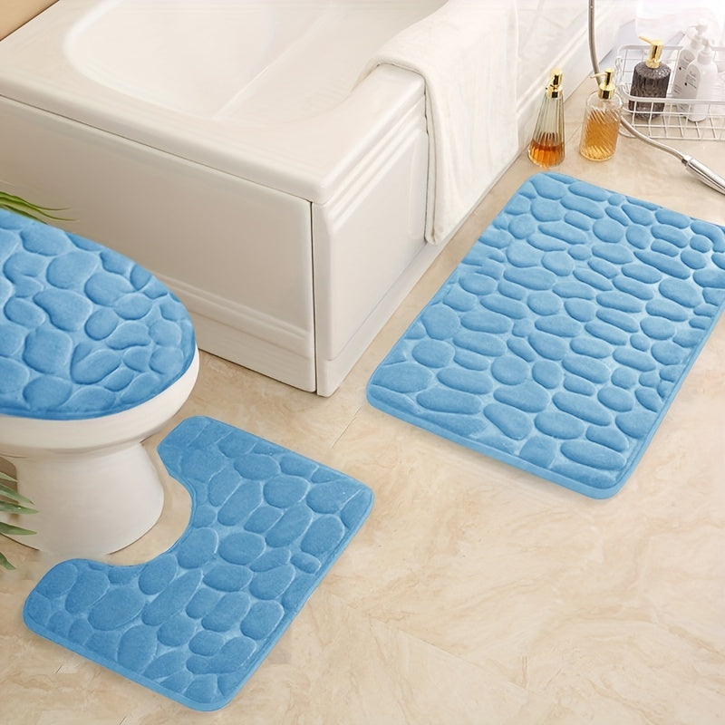 Set of 3 Memory Foam Bathroom Rugs Non-Slip Absorbent Cobblestone Design