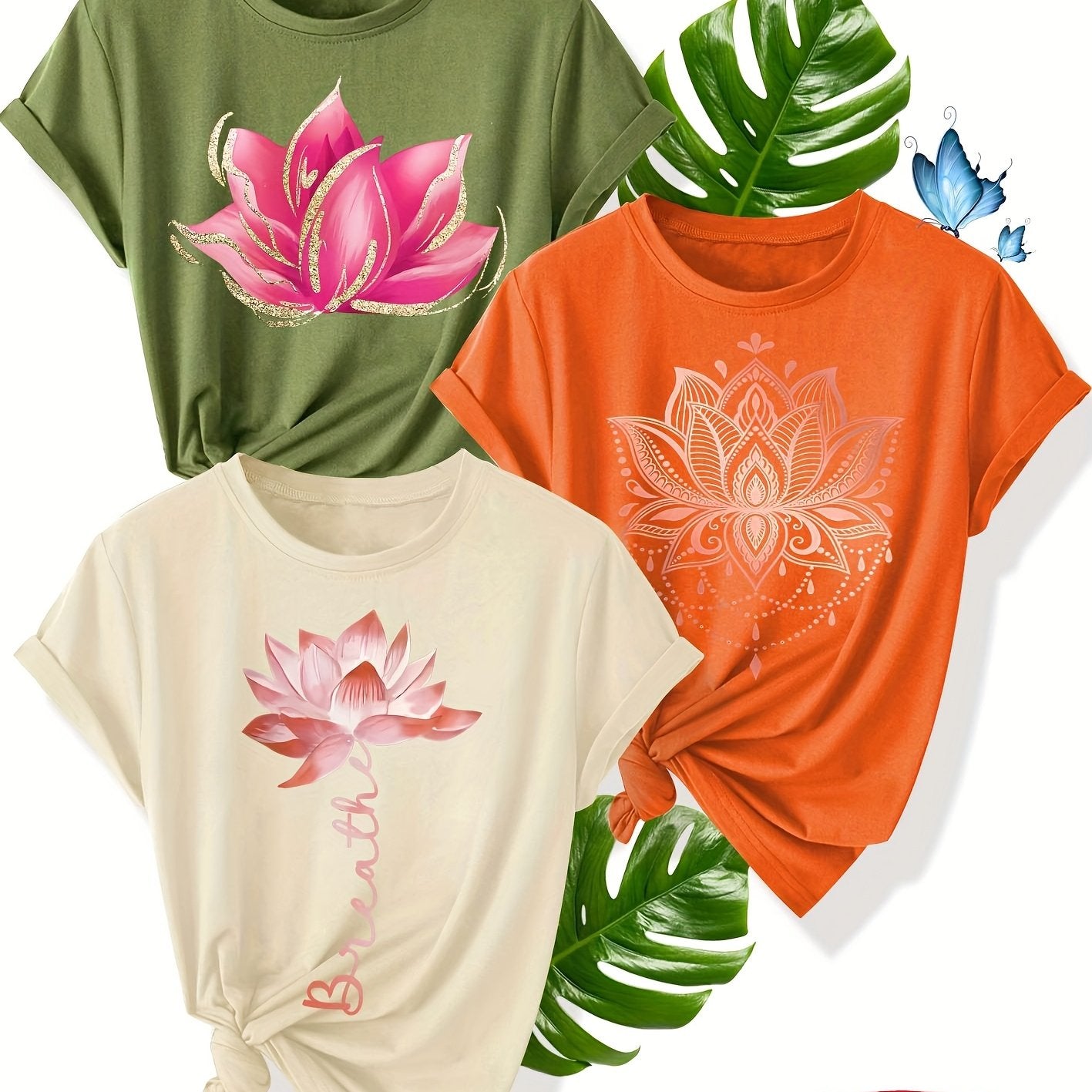 Conjunto de camisetas con estampado floral para mujer, pack de 3, poliéster transpirable, verano casual