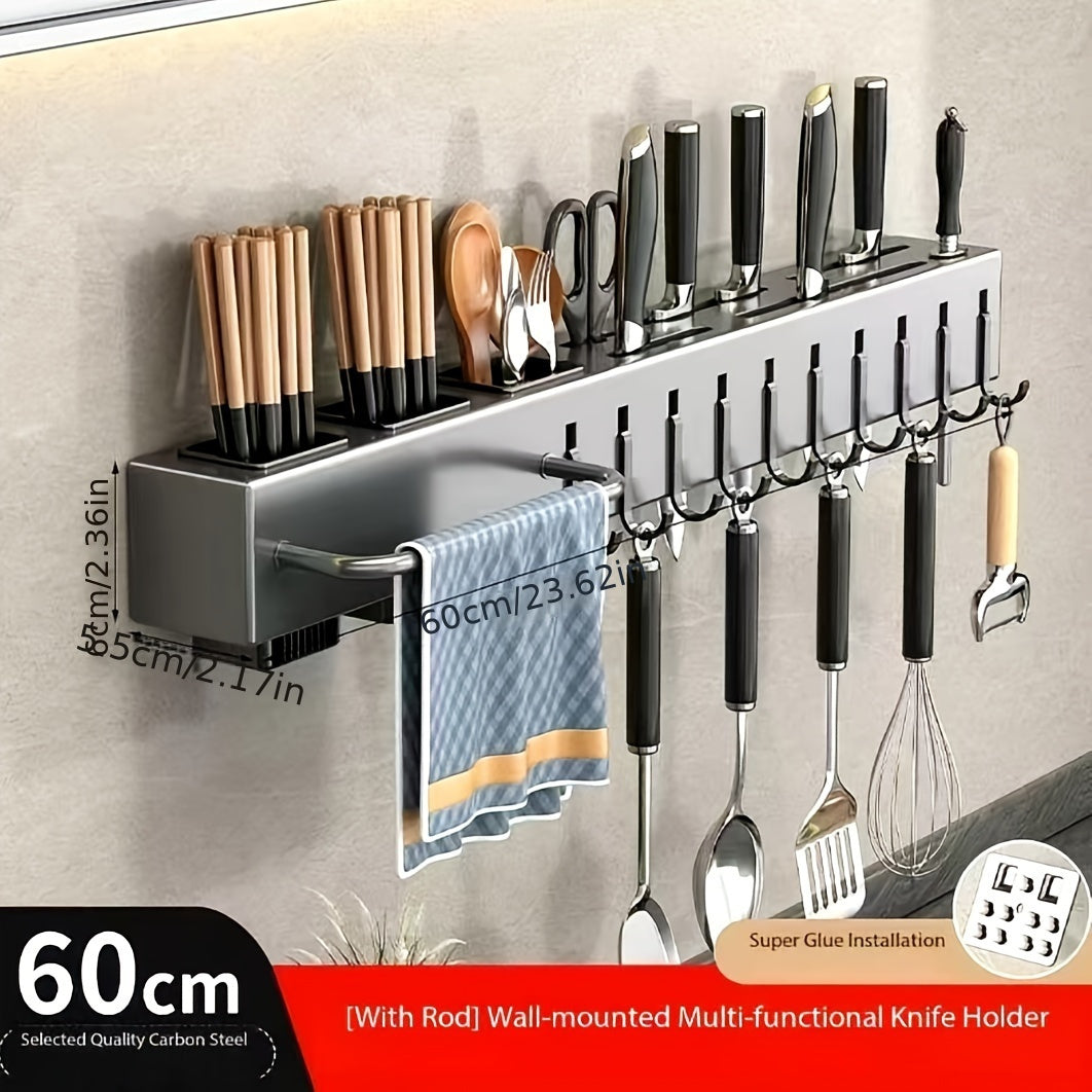 Wall-Mounted Carbon Steel Kitchen Organizer with Drainage and Towel Holder