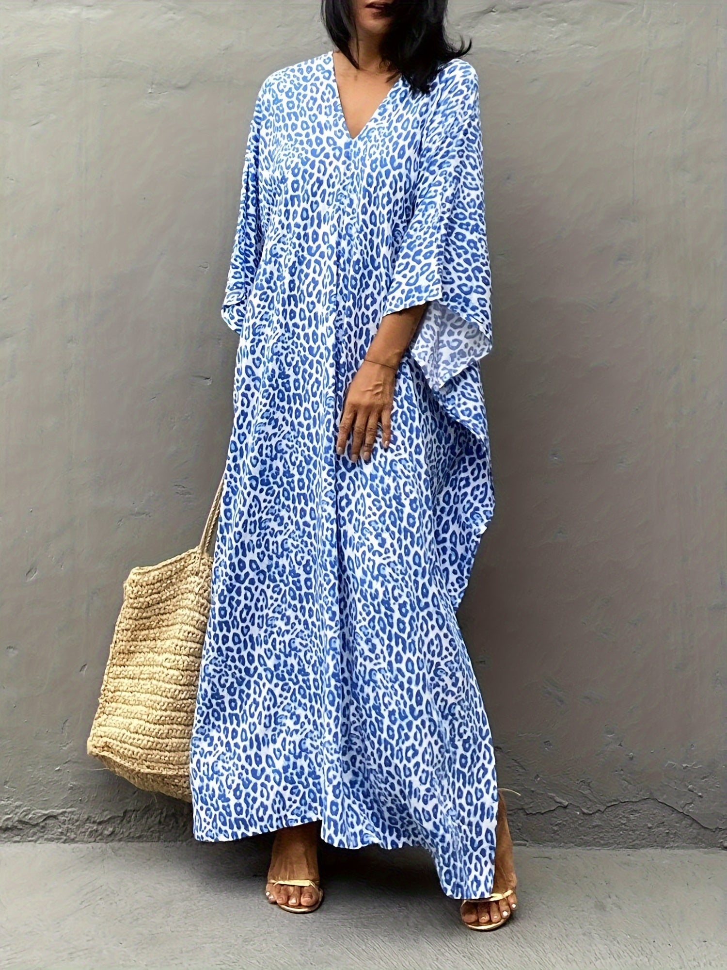 Women's Plus Size Leopard Print Kaftan Dress Vacation Cover Up V Neck