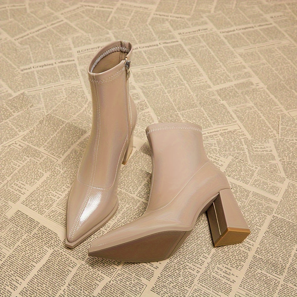 Women's Solid Color Block Heeled Ankle Boots With Side Zipper