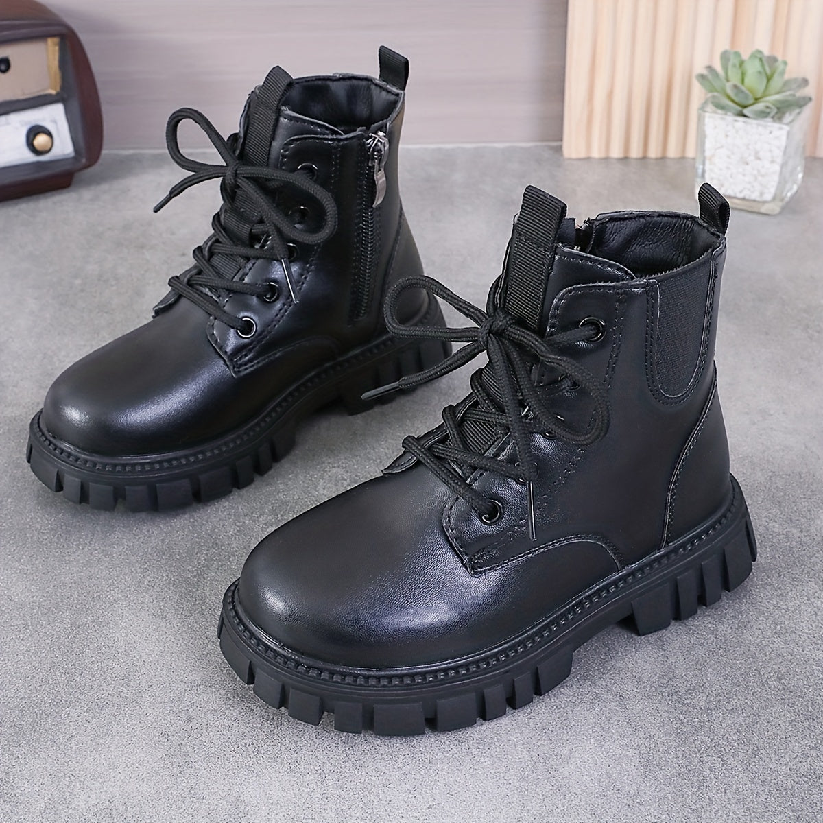 Botas altas de invierno negras para niños y niñas con forro de felpa y cierre de cremallera