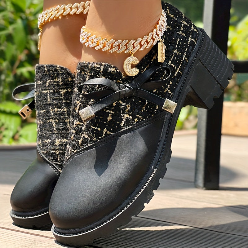 Women's Colorblock Dress Shoes with Bowknot Zipper Chunky Heel